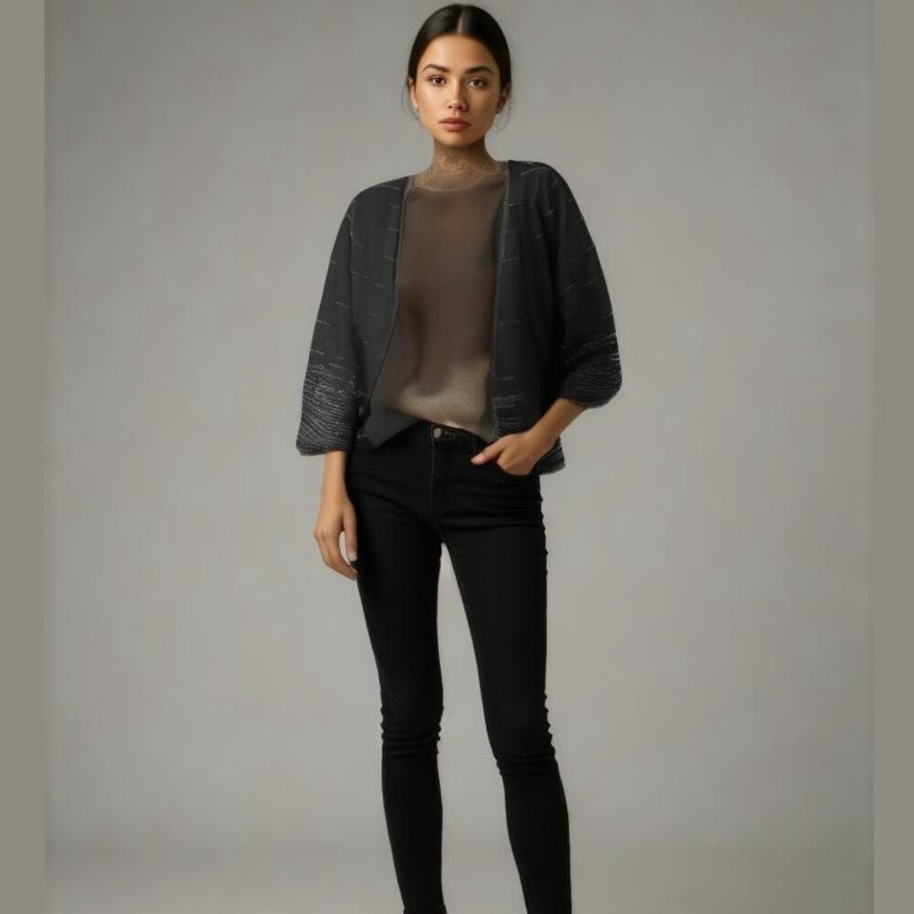 JMD New York Black Beaded Evening Long Sleeve V-Neck Open Front Formal Jacket S
